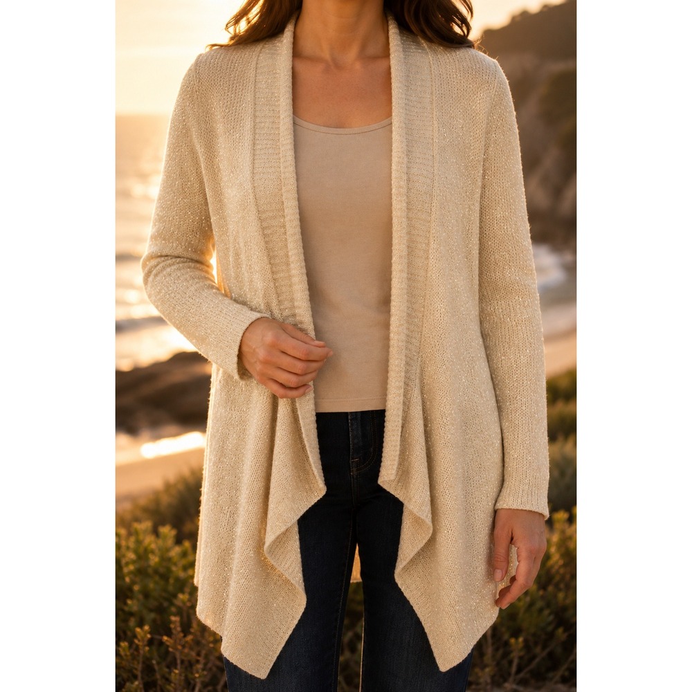 Chico's Cream Gold Metallic Open‎ Front Draped Cardigan Sweater Size 2 Large